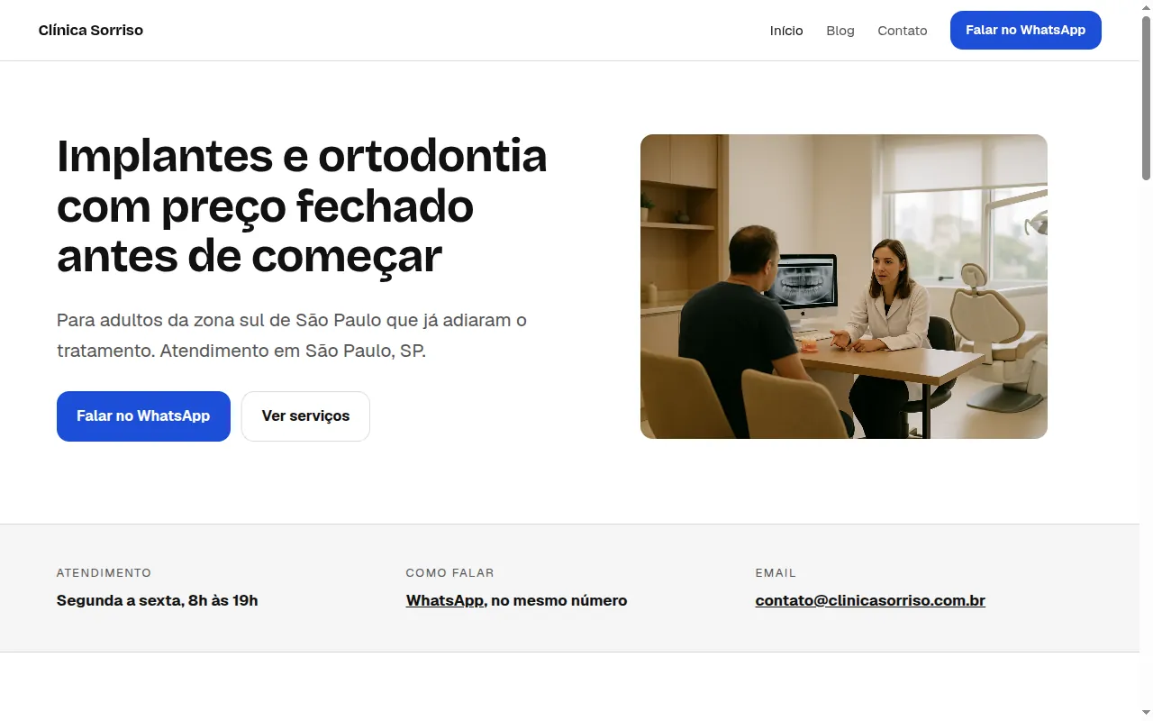 Página inicial do site de demonstração de uma clínica odontológica, com foto do consultório e botão de WhatsApp